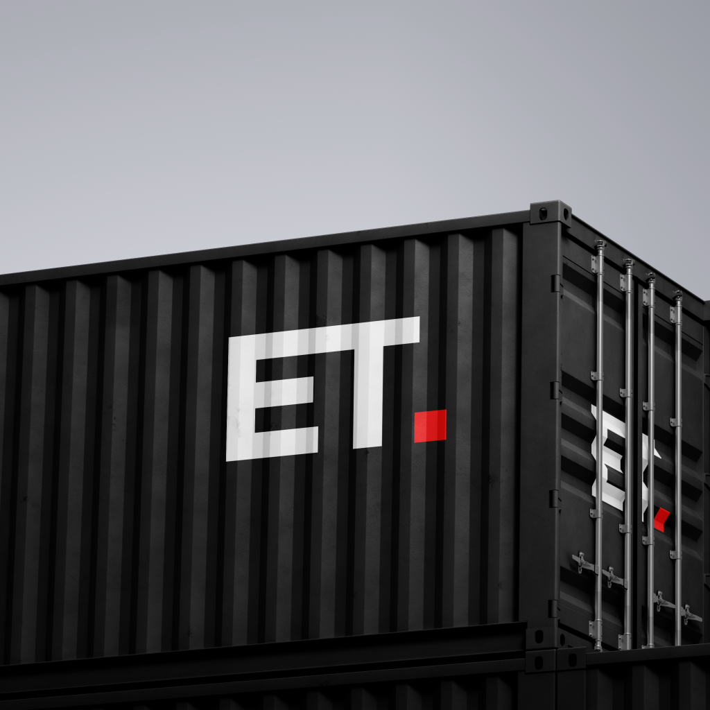 Minimalist logo of "ET" designed by Wittierra Design and embodied in an industrial container.
