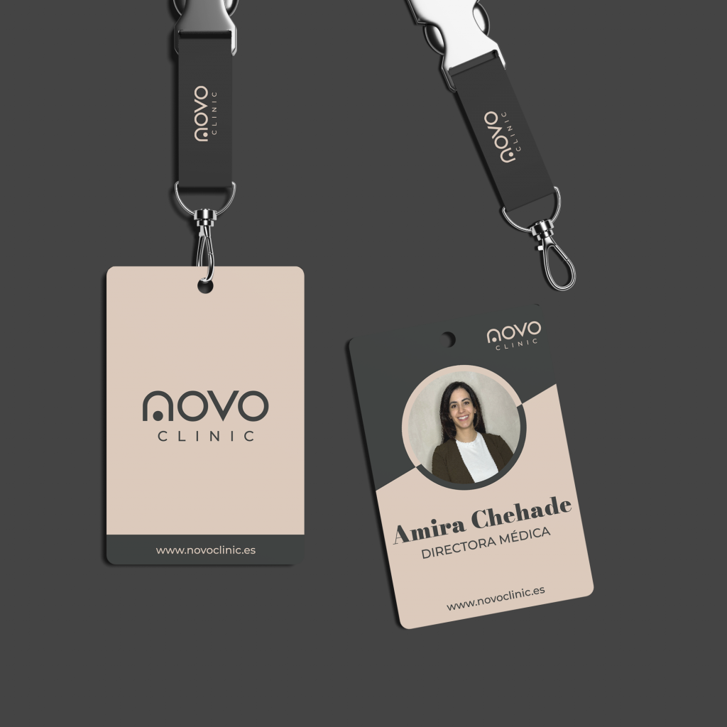 Two business cards. Branding and merchandising designed by Wittierra Design for Novo Clinic.